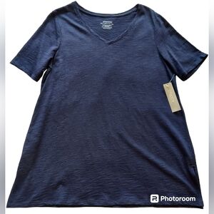 Chico's the ultimate tee Cotton Slub Side Slit-Elbow Lngth Slv Top Navy Sz 8 NWT